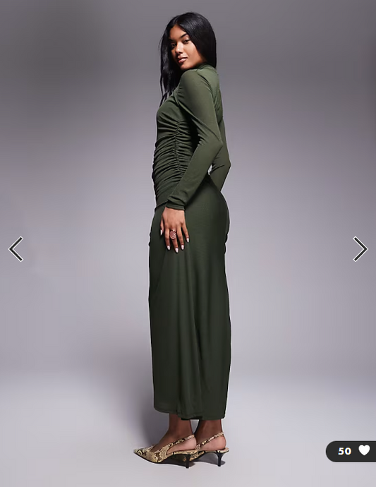 ASOS DESIGN high neck long sleeve asym hem maxi dress in khaki