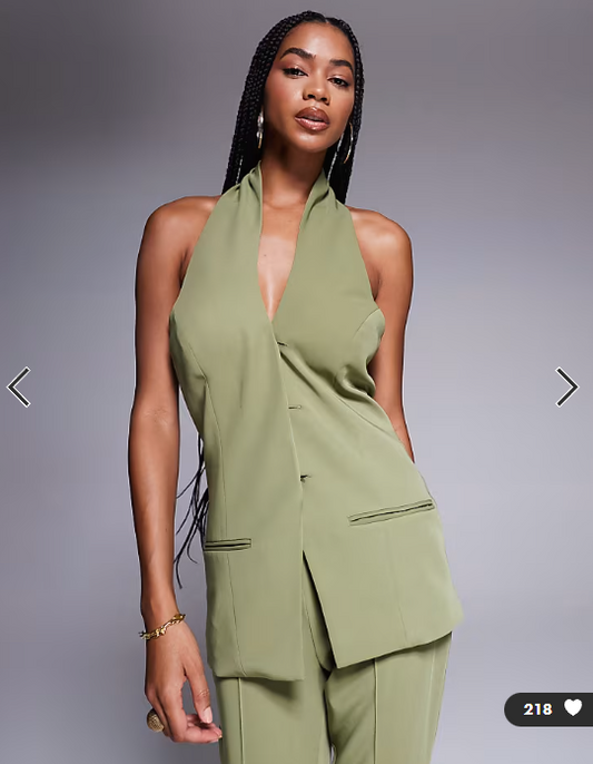 ASOS DESIGN tailored halterneck waistcoat co-ord in olive