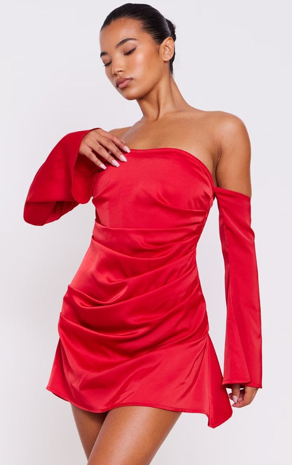 Red Satin Corset Bardot Ruched Long Sleeve Shift Dress