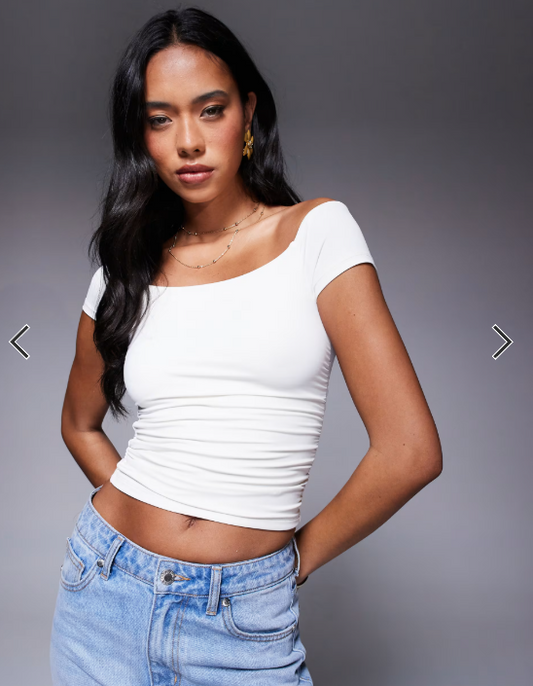 ASOS DESIGN polyamide off shoulder ruched top in ivory