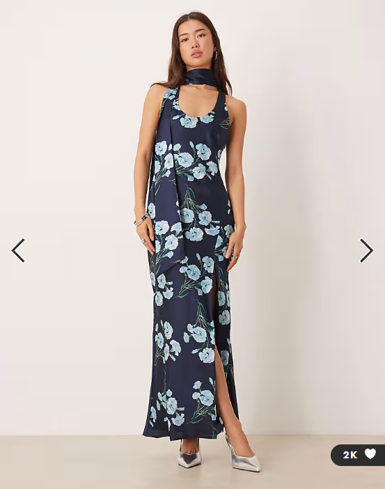 ASOS DESIGN sleeveless satin maxi dress with scarf detail in blue floral print