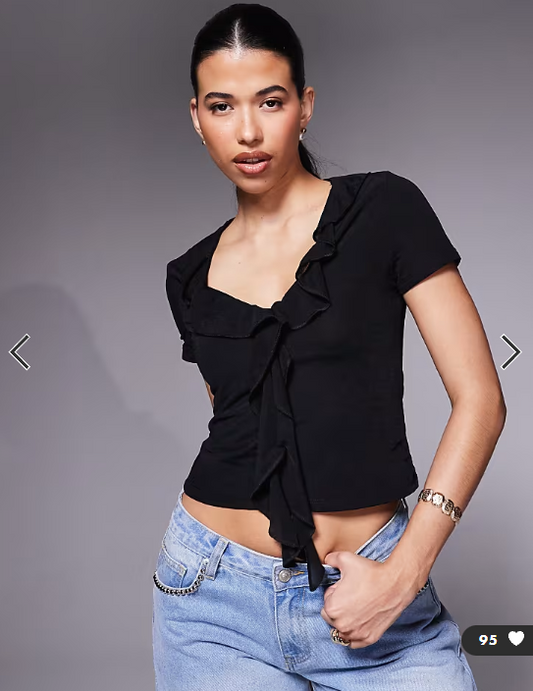 ASOS DESIGN semi sheer short sleeve v neck ruffle front top in black