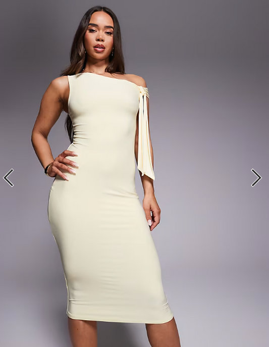 Missyempire double sculpted slinky one shoulder tie midi dress in yellow