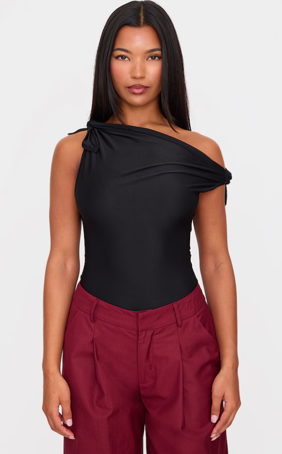 Black Slinky Tie Shoulder Asymmetric Bodysuit