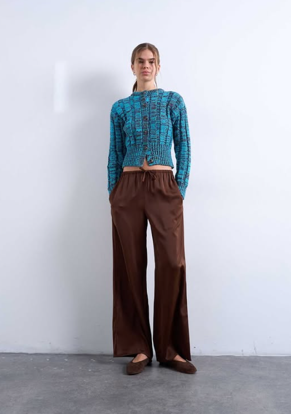 Top shop satin tie waist wide leg trouser in champagne
