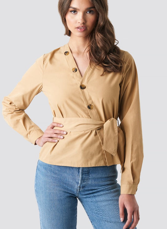 Asymmetric Buttoned Blouse Beige