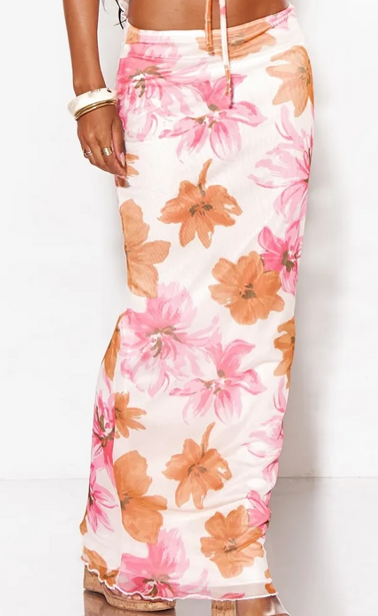 Orange Floral Print Mesh Low Rise Midaxi Skirt