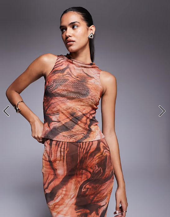 ASOS DESIGN mix & match sheer mesh high cowl neck tank top in orange abstract print
