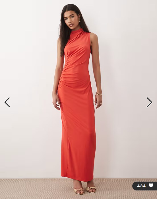 Vila high neck ruched maxi dress in hibiscus red