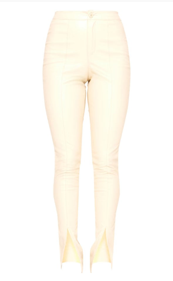 Cream Split Hem Faux Leather Skinny Trousers