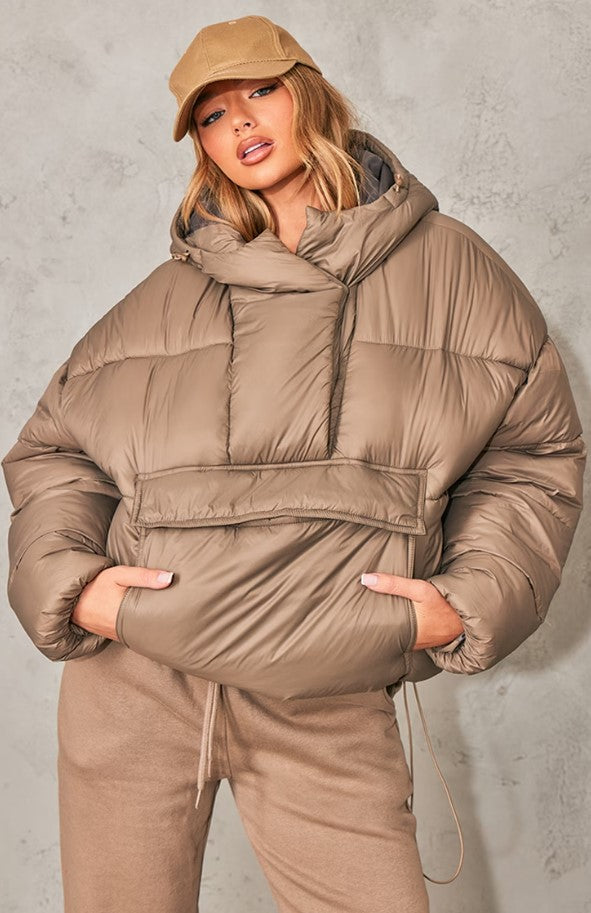 Sage Khaki Statement Pocket Pull Over Puffer Coat