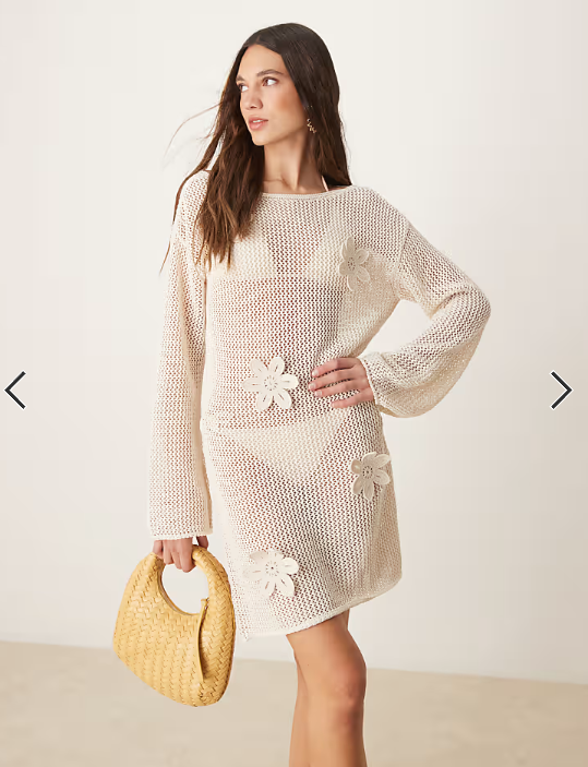 ASOS DESIGN knit beach mini dress with 3D flowers in ecru