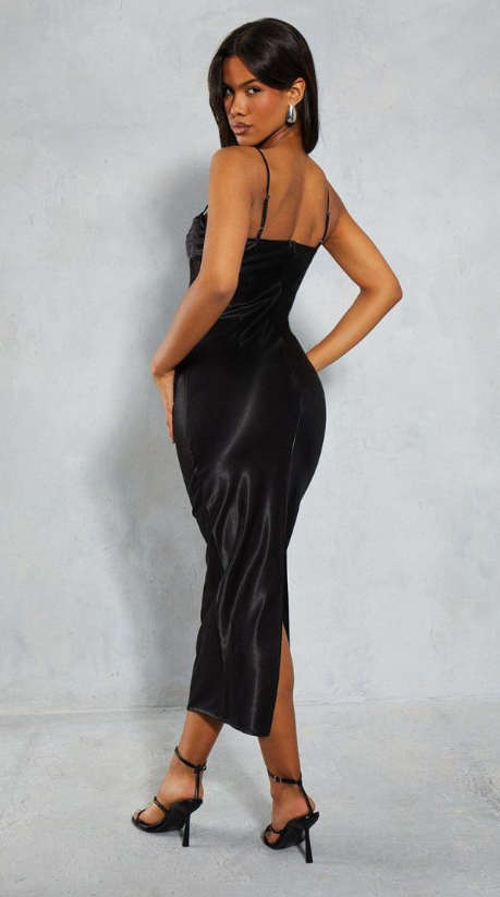 Satin Pleated Bust Lace Insert Dress