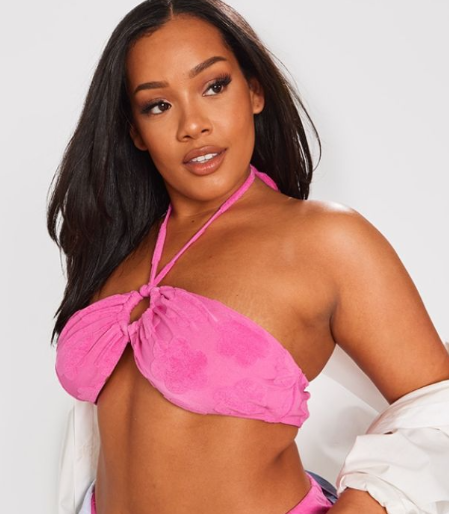 Plus Hot Pink Burnout Flower Towelling Ring Halter Neck Bikini Top