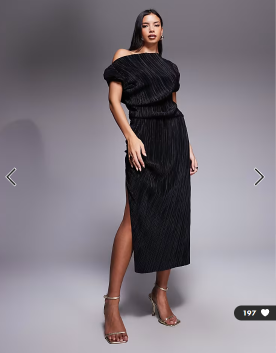 ASOS DESIGN plisse dropped shoulder ruched midi dress in black