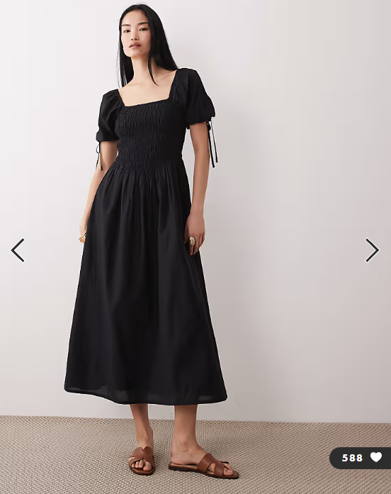 Wednesday's Girl shirred detail midaxi smock dress in black