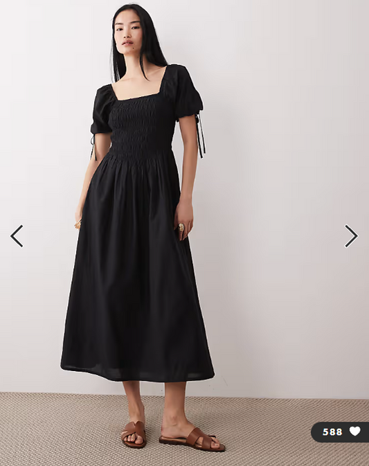 Wednesday's Girl shirred detail midaxi smock dress in black