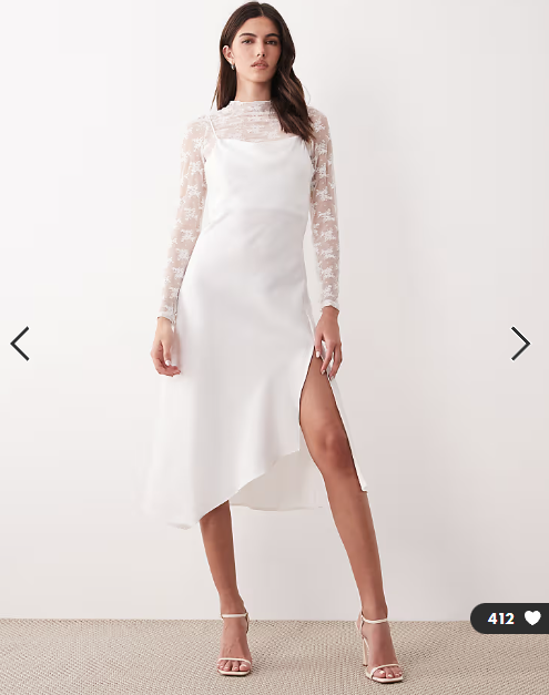 YAS long sleeve lace underlay cami satin dress in gardenia white