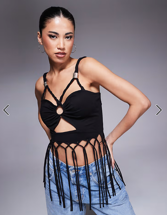 ASOS DESIGN ruched front fringed cami top in black