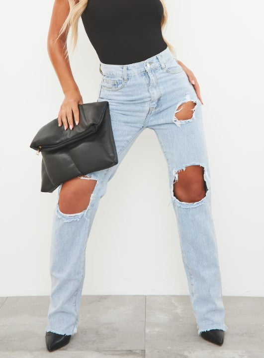 Light Blue Wash Ripped High Waist Straight Leg Jeans