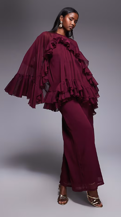 ASOS DESIGN volume ruffle cape jumpsuit in berry