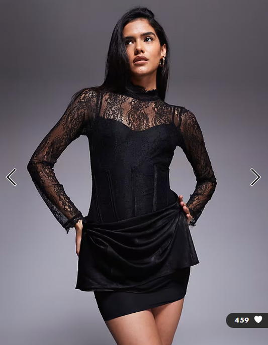 ASOS DESIGN lace long sleeved high neck mini dress with drape overlay skirt in black