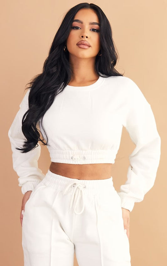 Petite Cream Cropped Elasticated Detail Sweat Top