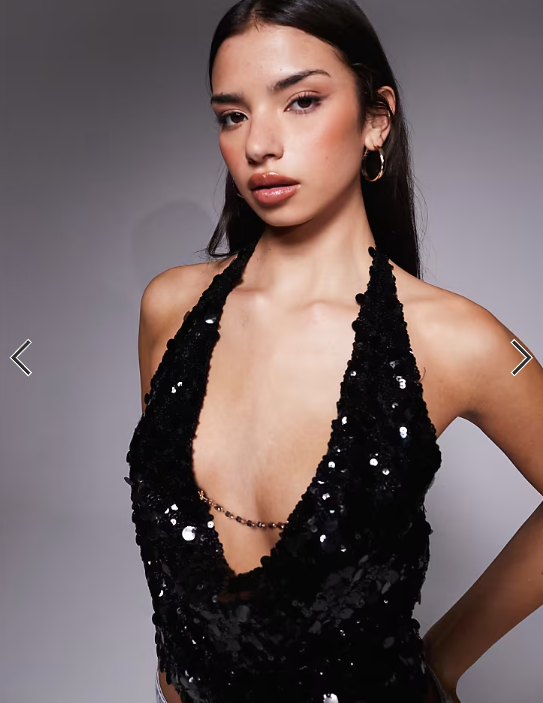Tiger Mist Zana halterneck disc sequin chain cowl detail tie back top in black