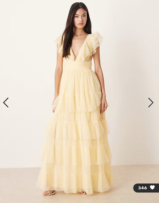 Lace & Beads tulle flutter sleeve tiered frill maxi dress in lemon
