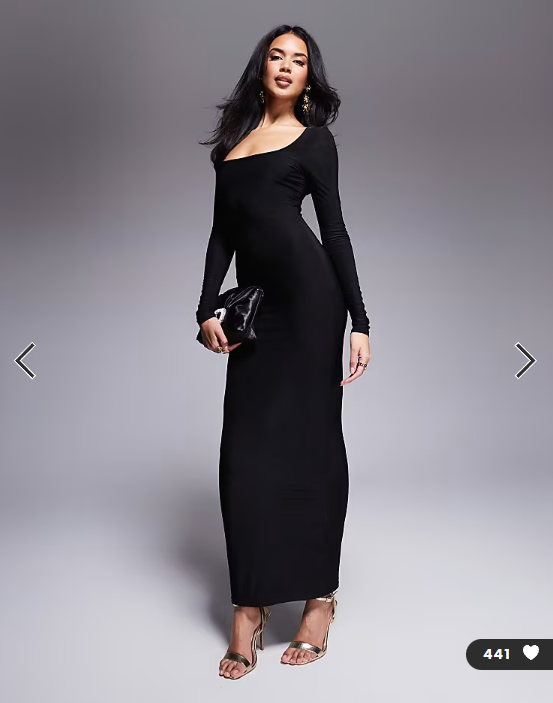 ASOS DESIGN square neck long sleeve slinky maxi dress in black