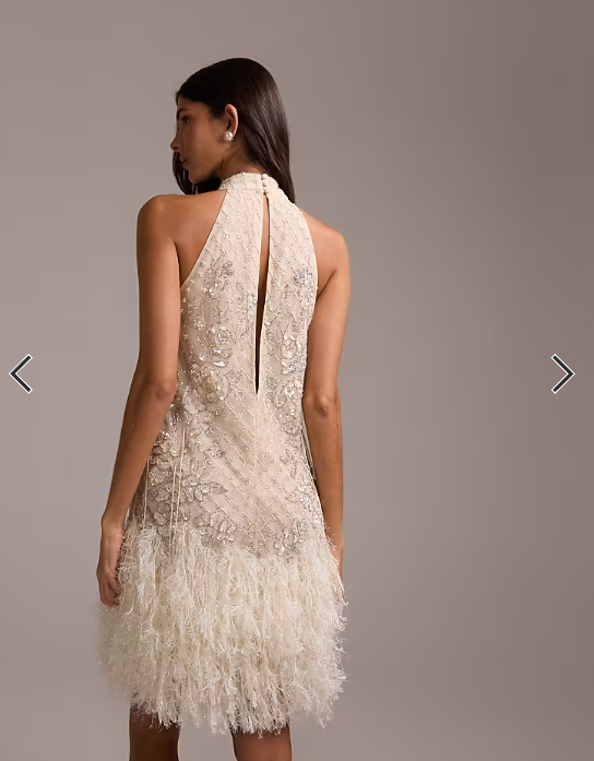 ASOS DESIGN floral embellished halter mini wedding dress with fringe hem in ivory