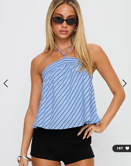 Princess Polly Moonlit halterneck tie smock top in blue diagonal stripe