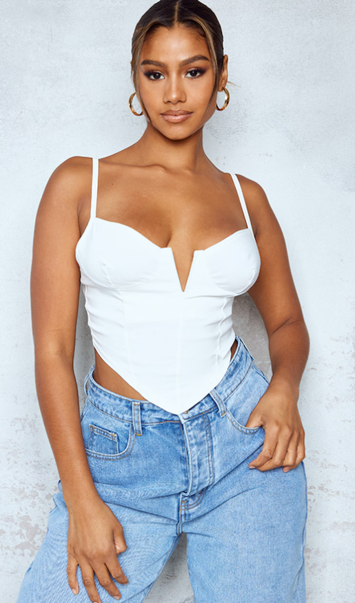 Cream V Neck Stretch Woven Crop Top