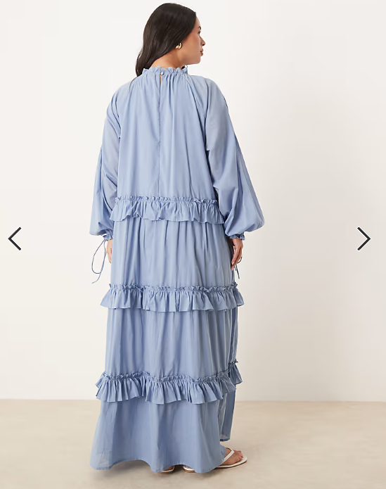 ASOS DESIGN Curve tiered ruffle maxi dress with ties in smokey blue