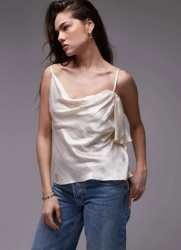 Topshop - double strap satin cami with ruffle in champagne