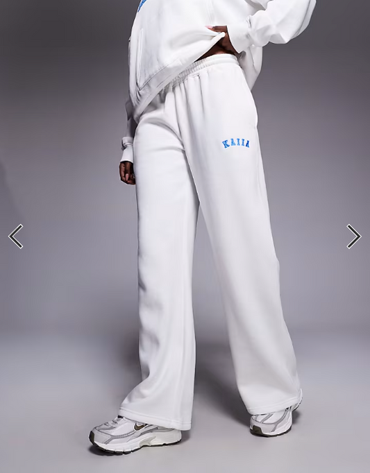 Kaiia cotton rich embroidered logo wide leg sweatpants in white and blue