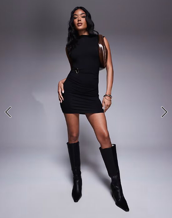 ASOS DESIGN high neck mini dress with gold metal trim detail in black