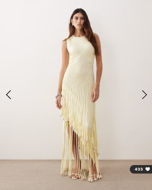 ARRANGE wave linear pearl droplet fringe hem maxi dress in butter yellow