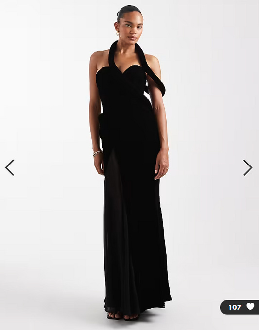 ASOS DESIGN padded neckline velvet maxi dress with sheer godet panels and train in black