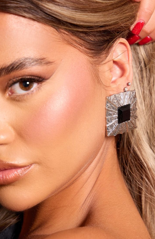 Silver Square Textured Stud Earrings