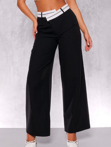 Black Contrast Double Waistband Tailored Straight Leg Trousers