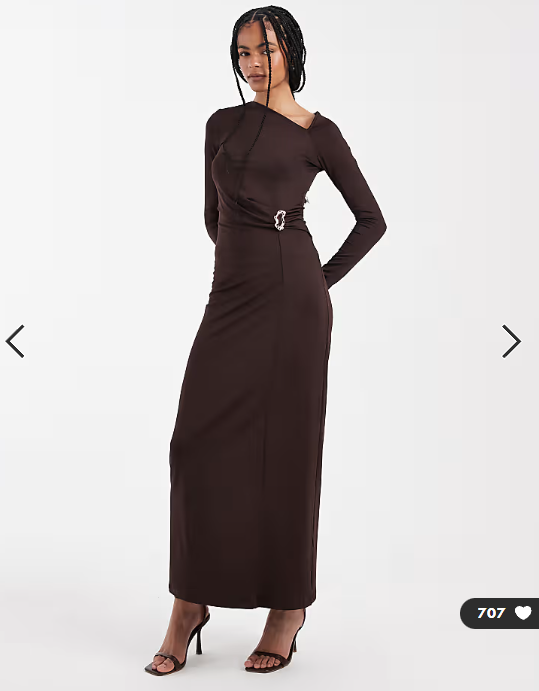 4th & Reckless double layered slinky cut out shoulder detail metal hardware waist maxi dress in chocolate