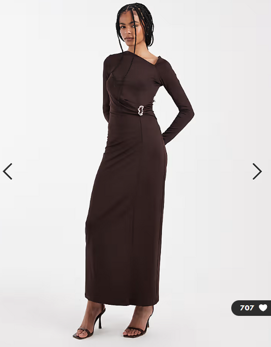 4th & Reckless double layered slinky cut out shoulder detail metal hardware waist maxi dress in chocolate