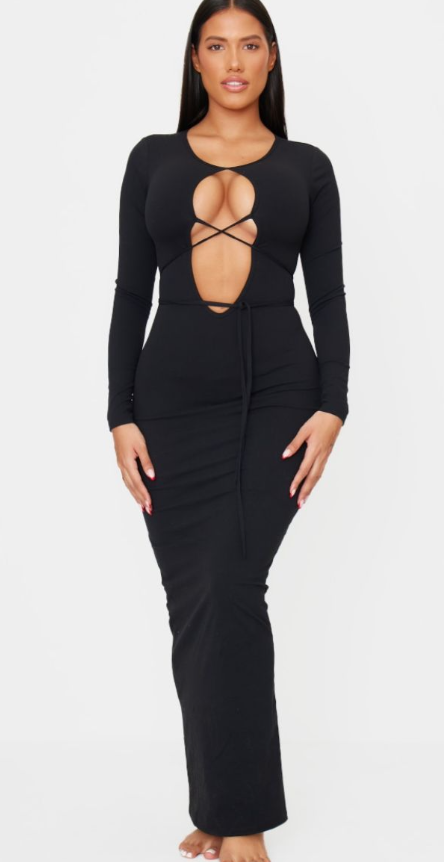 Shape Black Sculpt Plunge Front Strappy Waist Long Sleeve Maxi Dress