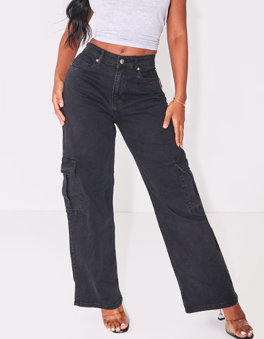 Shape Washed Black Cargo Wide Leg Jeans