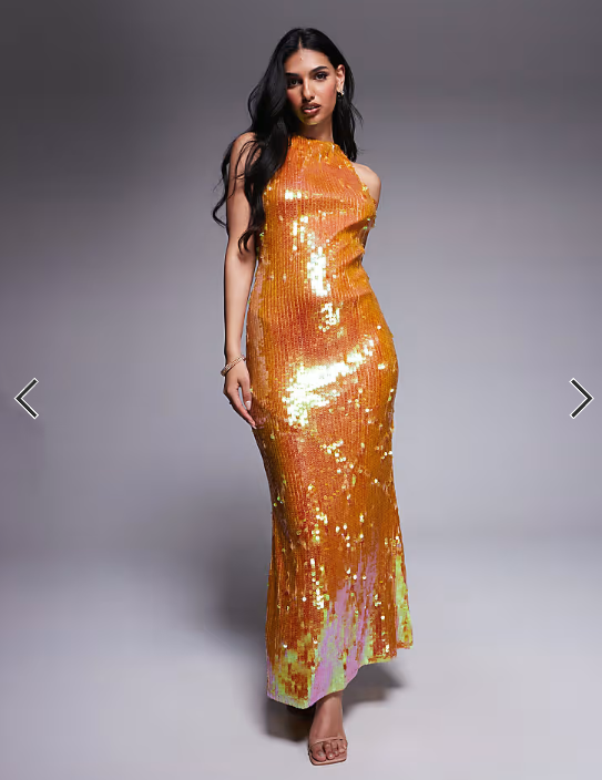 ASOS DESIGN iridescent sequin high neck maxi dress with open back in bronze