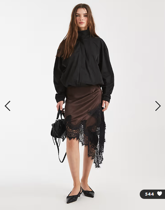 ASOS DESIGN satin asym lace trim mini skirt in chocolate