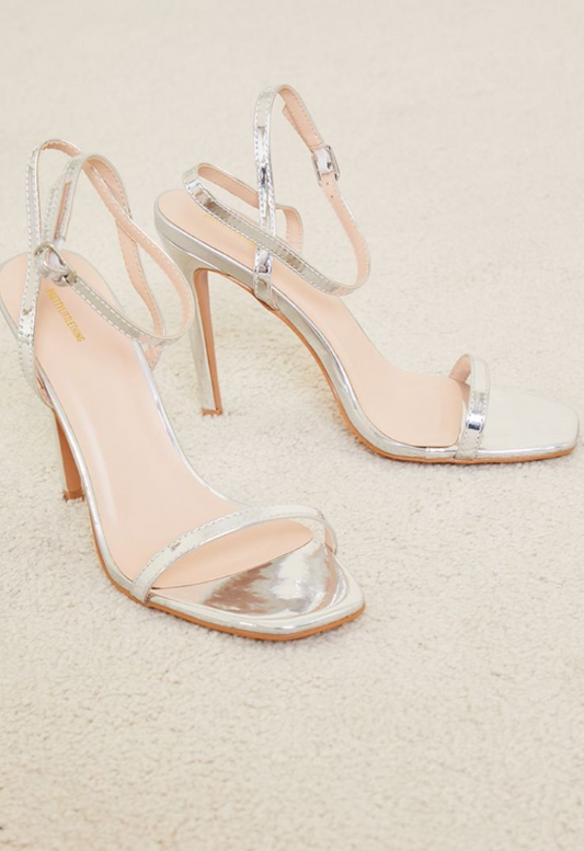 Silver PU Square Toe Barely There Strappy High Heels