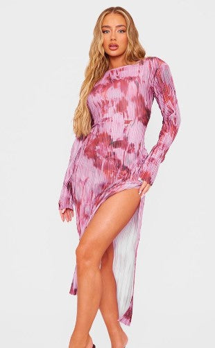 Pink Print Plisse Long Sleeve Split Detail Midaxi Dress