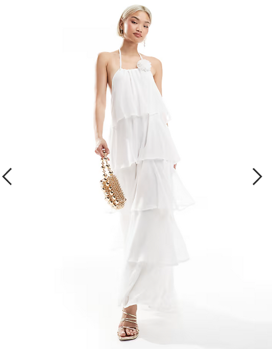 Pieces ruffle tiered maxi dress with corsage detail in white